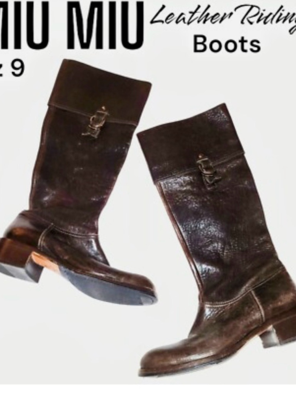 Miu Miu Distressed Brown Leather Riding Boots with Buckle